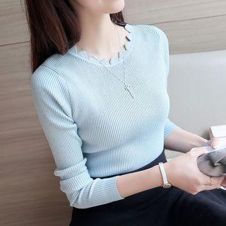 Scallop Neck Ribbed Knit Top