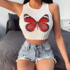 Butterfly Print Lettuce-edge Ribbed Cropped Tank Top