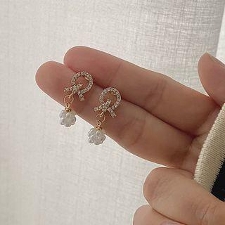 Knot Rhinestone Faux Pearl Dangle Earring 1 Pair - 925 Silver Earring - Faux Pearl & Rhinestone - White - One Size