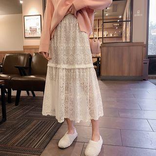 A-line Midi Lace Skirt Beige - One Size