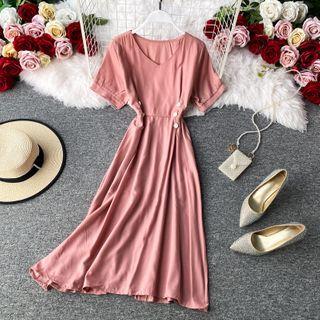 Button-detail V-neck Short-sleeve Chiffon Dress