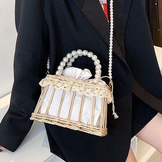 Lace Trim Straw Crossbody Bag