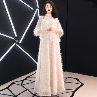 Fringed Trim Halter-neck Maxi A-line Dress / Cape / Set