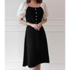 Square-neck Lace-sleeve Button-detail Minidress Black - One Size