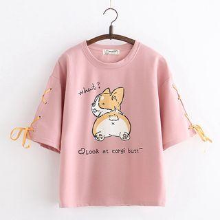 Elbow-sleeve Corgi Print T-shirt