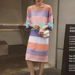 Set: Plain Slipdress + Color Block 3/4-sleeve Knit Dress Stripes - Pink & Purple - One Size