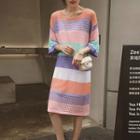 Set: Plain Slipdress + Color Block 3/4-sleeve Knit Dress Stripes - Pink & Purple - One Size