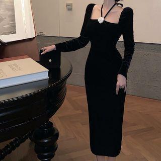 Long-sleeve Halter-neck Velvet Midi Sheath Dress