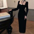 Long-sleeve Halter-neck Velvet Midi Sheath Dress