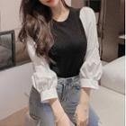 Two-tone 3/4-sleeve Blouse Black - One Size