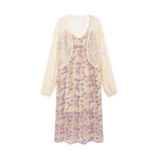 Set: Spaghetti Strap Floral Print Midi Dress + Lace Cardigan