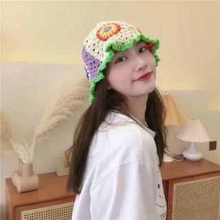 Color Block Crochet Bucket Hat White & Light Green & Light Purple - One Size