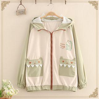 Dinosaur Printed Color-block Hooded Jacket As Shown In Figure - One Size