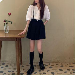 V-neck Puff-sleeve Top / High-waist Wide-leg Shorts