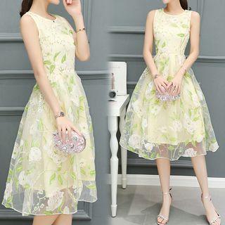 Floral Print Organza Sleeveless A-line Midi Dress