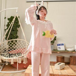 Loungewear Set: Ruffle-trim Flannel Pullover + Pants