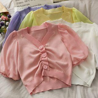 Chiffon-sleeve Ruched Crop Knit Top In 5 Colors