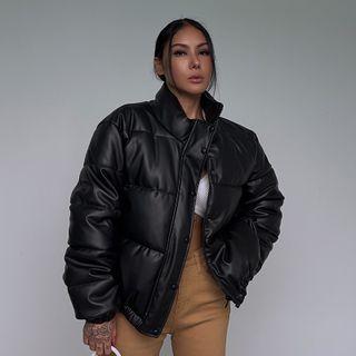 Turtleneck Plain Faux Leather Zip Cropped Padded Jacket