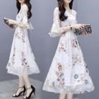 Bell-sleeve Floral Print Midi Chiffon Dress
