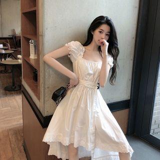 Lace Trim Puff-sleeve Dip-back Mini A-line Dress