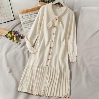 Ribbon-neckline Button-up Knit Midi Dress Almond - One Size