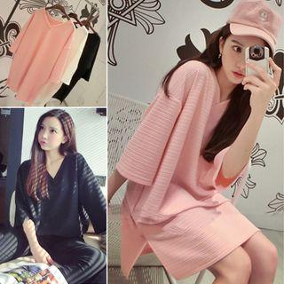 Elbow-sleeve V-neck Long Top