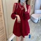 Puff-sleeve Mesh Panel Bow A-line Dress