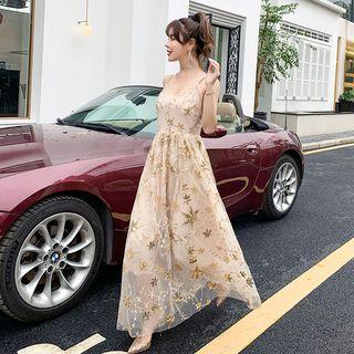 Spaghetti Strap Star Embroidered A-line Cocktail Dress