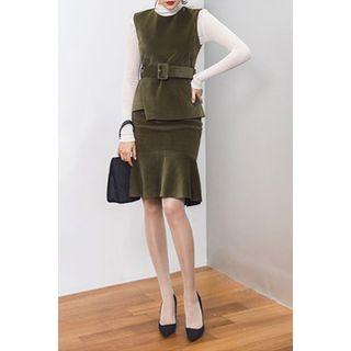 Set: Sleeveless Top With Belt + Ruffle-hem Skirt