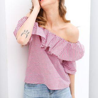 Off-shoulder Short-sleeve Striped Slim Blouse