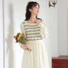 Mock Two-piece Long-sleeve Floral Knit Panel Midi A-line Dress