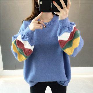 Puff-sleeve Color-panel Distressed Cardigan