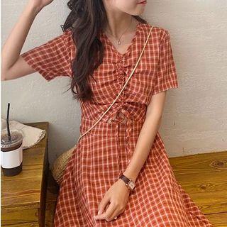 Plaid Short-sleeve Cutout Midi A-line Dress