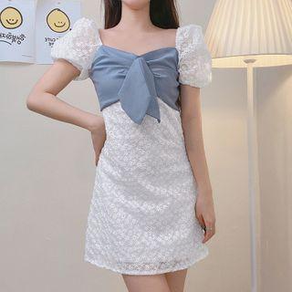 Puff-sleeve Bow-front Floral Embroidered Mini Sheath Dress
