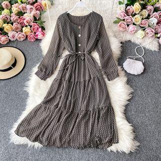 Round-neck Printed Long-sleeve Dress