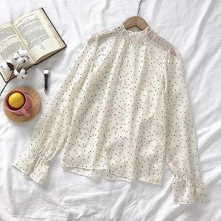 Polka Dot Mock-neck Chiffon Long-sleeve Top