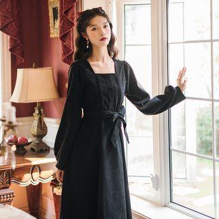 Long-sleeve Square-neck Tie-waist Midi A-line Dress