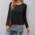 Long-sleeve Striped Panel Mock Two-piece T-shirt