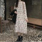 Long-sleeve Flower Print Midi Shift Dress Red & Green Floral - White - One Size