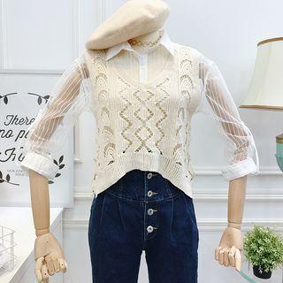 Set: Striped Sheer Shirt + Knit Vest