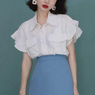Short-sleeve Polo-collar Ruffle Trim Plain Top