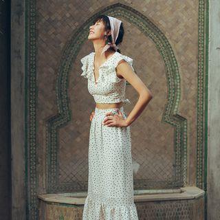Set: Dotted Sleeveless Crop Top + Maxi A-line Skirt Red Dotted - White - L