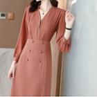 Long-sleeve V-neck Slit A-line Dress