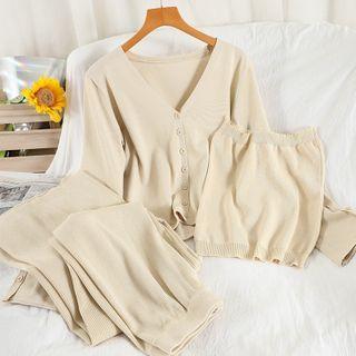 Set: Plain Cardigan + Strapless Knit Top + Wide-leg Pants