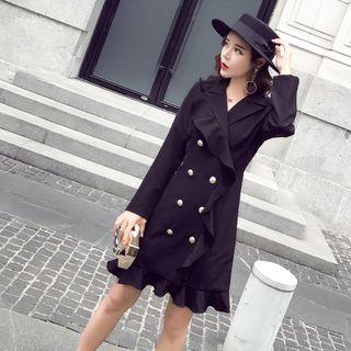 Long-sleeve Ruffle-trim Double-breasted Dress