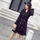 Long-sleeve Ruffle-trim Double-breasted Dress