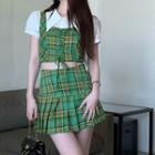 Short-sleeve Shirt / Lace-up Plaid Camisole Top / Pleated Mini A-line Skirt
