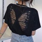 Short-sleeve Butterfly Embroidered Cutout Back T-shirt