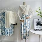 Set: Long-sleeve Henley T-shirt + Floral Print Harem Pants Top - White - One Size / Pants - Blue & White - One Size