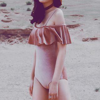 Short-sleeve Cold-shoulder Velvet Swimsuit